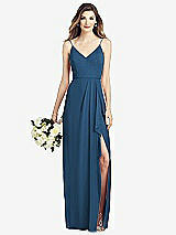 Front View Thumbnail - Dusk Blue Spaghetti Strap Draped Skirt Gown with Front Slit