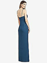 Rear View Thumbnail - Dusk Blue Spaghetti Strap Draped Skirt Gown with Front Slit
