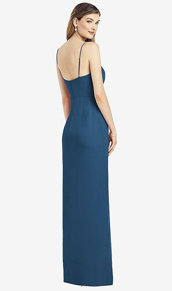 Back View - Dusk Blue Spaghetti Strap Draped Skirt Gown with Front Slit