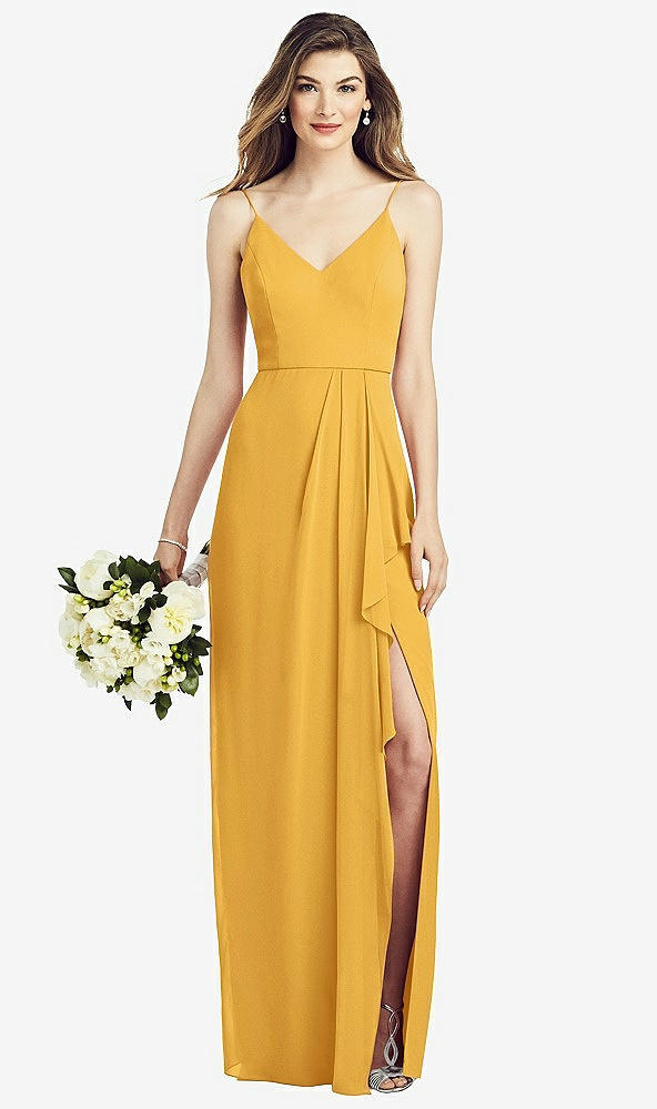 Front View - NYC Yellow Spaghetti Strap Draped Skirt Gown with Front Slit