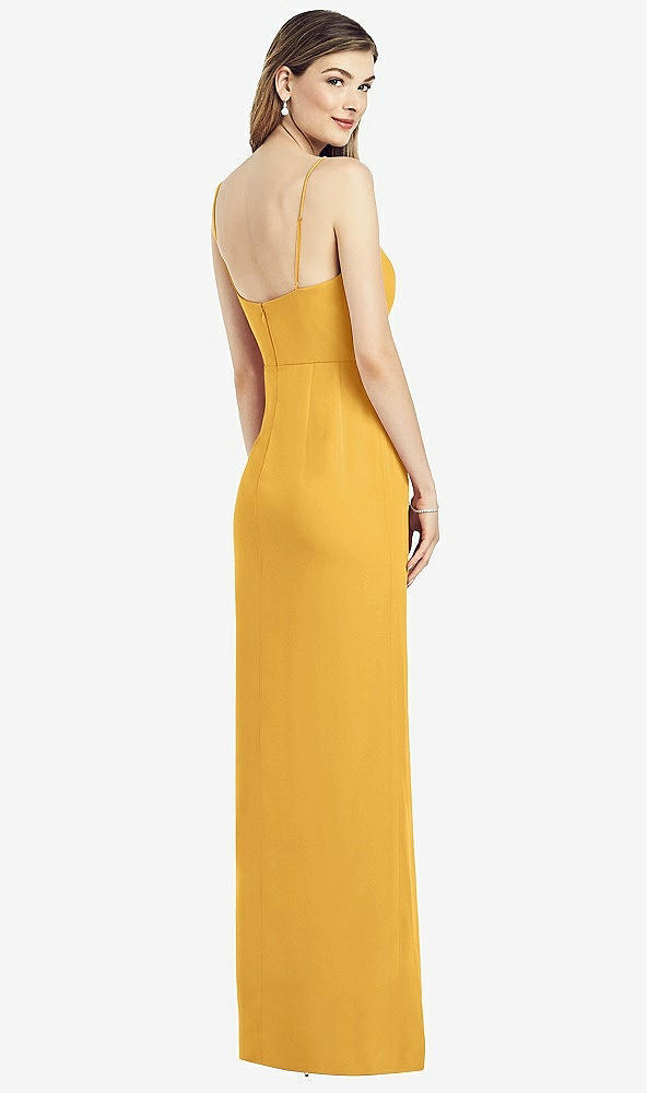 Back View - NYC Yellow Spaghetti Strap Draped Skirt Gown with Front Slit