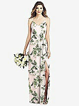 Front View Thumbnail - Palm Beach Print Spaghetti Strap Draped Skirt Gown with Front Slit