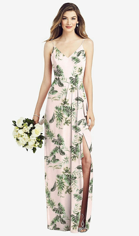 Front View - Palm Beach Print Spaghetti Strap Draped Skirt Gown with Front Slit