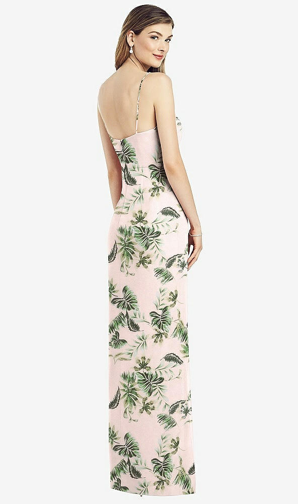 Back View - Palm Beach Print Spaghetti Strap Draped Skirt Gown with Front Slit
