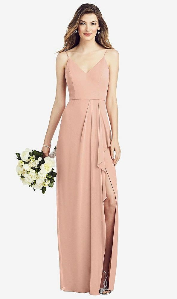 Front View - Pale Peach Spaghetti Strap Draped Skirt Gown with Front Slit