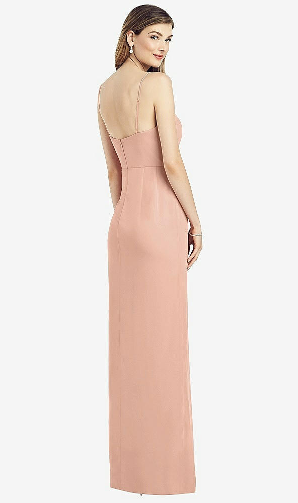 Back View - Pale Peach Spaghetti Strap Draped Skirt Gown with Front Slit