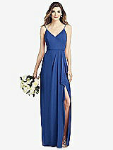 Front View Thumbnail - Classic Blue Spaghetti Strap Draped Skirt Gown with Front Slit
