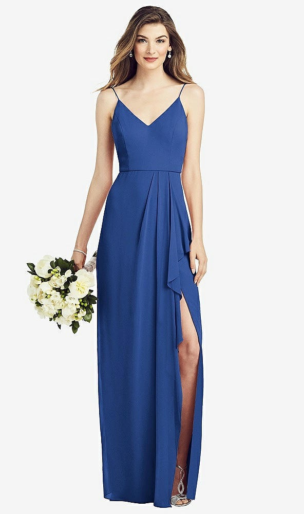 Front View - Classic Blue Spaghetti Strap Draped Skirt Gown with Front Slit