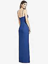Rear View Thumbnail - Classic Blue Spaghetti Strap Draped Skirt Gown with Front Slit