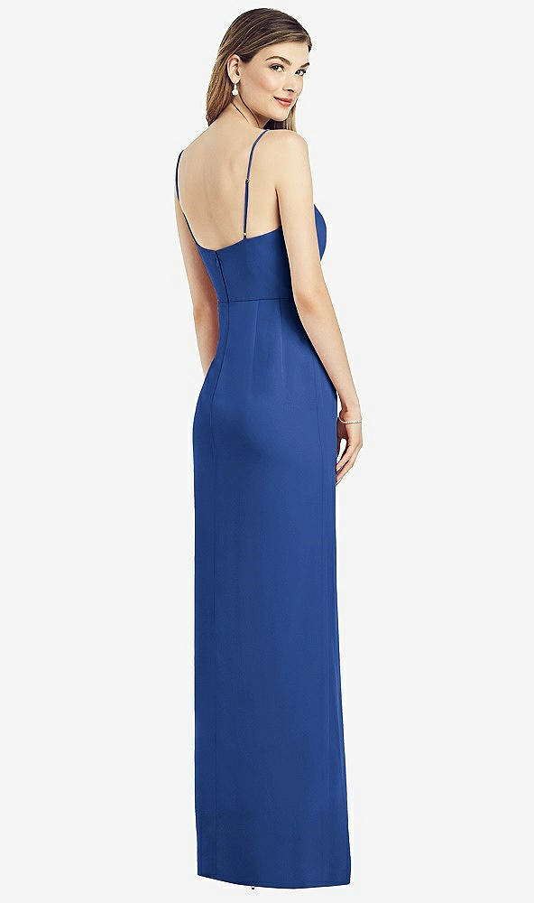 Back View - Classic Blue Spaghetti Strap Draped Skirt Gown with Front Slit