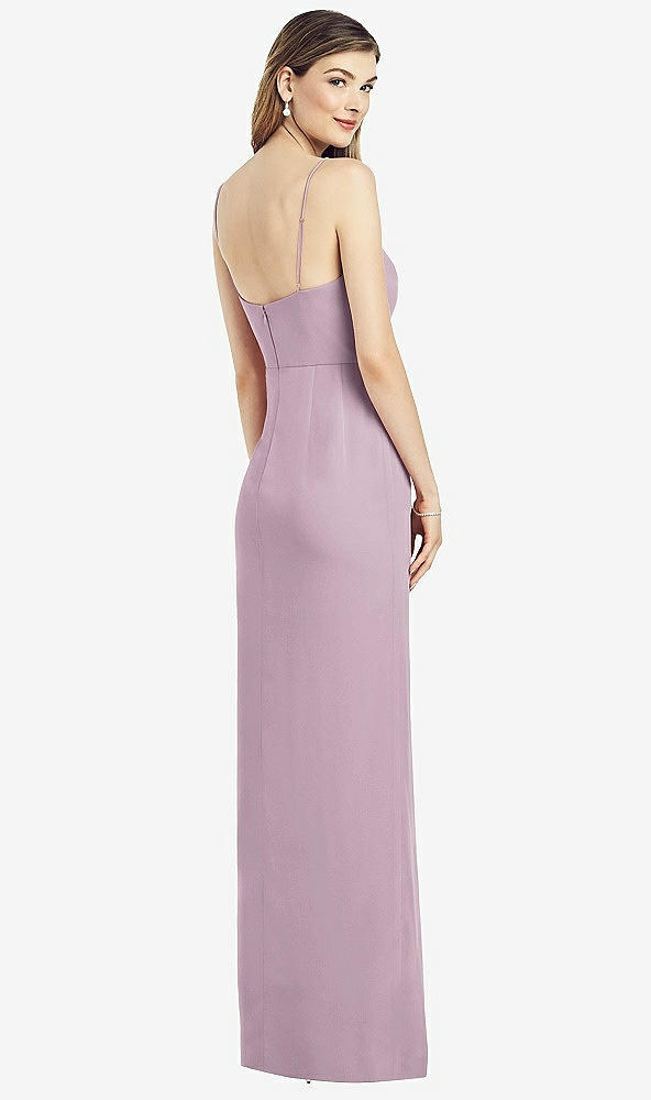 Back View - Suede Rose Spaghetti Strap Draped Skirt Gown with Front Slit
