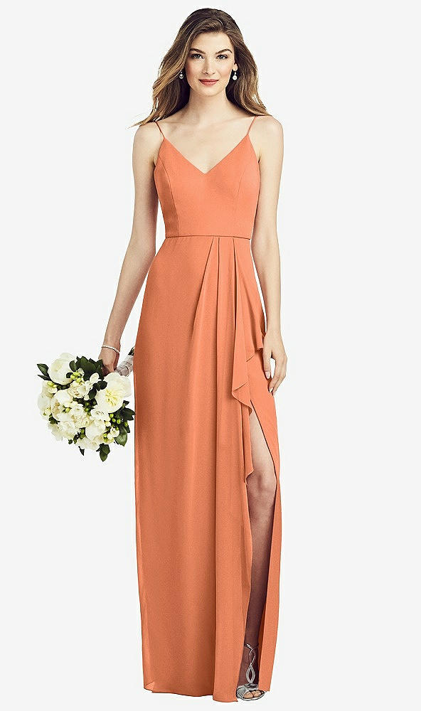 Front View - Sweet Melon Spaghetti Strap Draped Skirt Gown with Front Slit