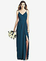 Front View Thumbnail - Atlantic Blue Spaghetti Strap Draped Skirt Gown with Front Slit