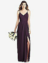 Front View Thumbnail - Aubergine Spaghetti Strap Draped Skirt Gown with Front Slit