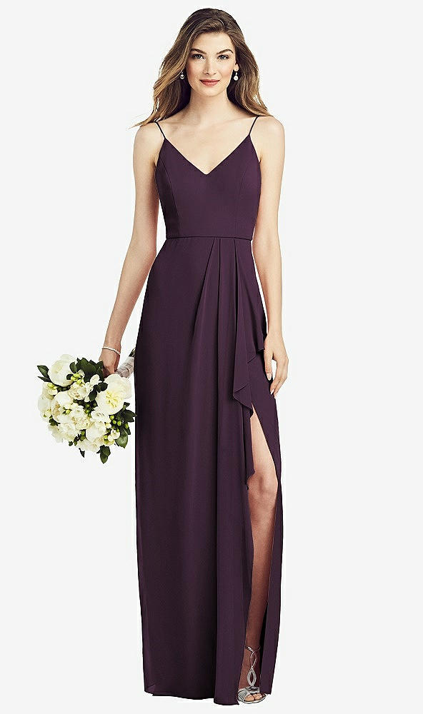 Front View - Aubergine Spaghetti Strap Draped Skirt Gown with Front Slit