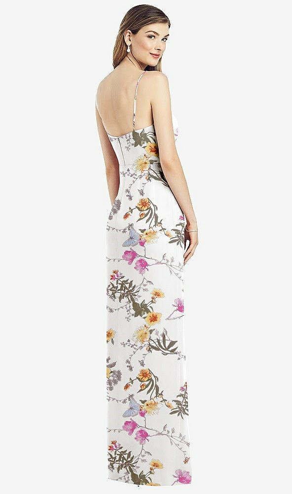 Back View - Butterfly Botanica Ivory Spaghetti Strap Draped Skirt Gown with Front Slit