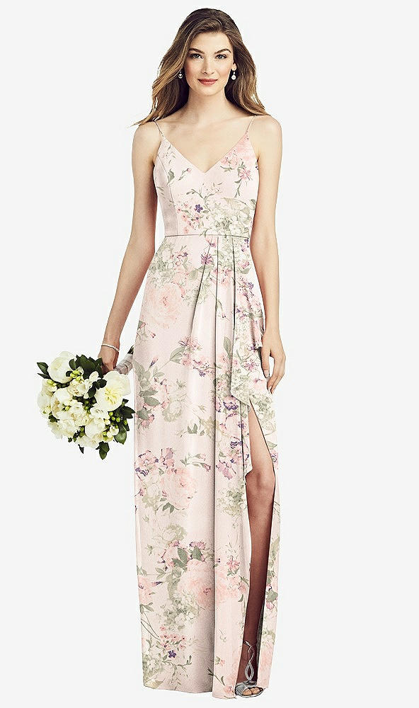 Front View - Blush Garden Spaghetti Strap Draped Skirt Gown with Front Slit