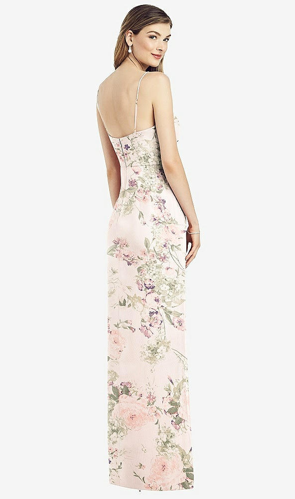 Back View - Blush Garden Spaghetti Strap Draped Skirt Gown with Front Slit