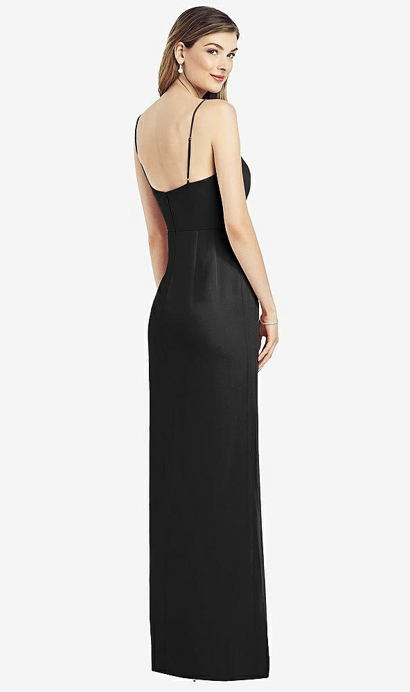 Back View - Black Spaghetti Strap Draped Skirt Gown with Front Slit