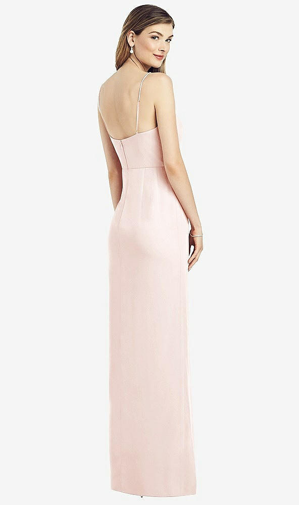 Back View - Blush Spaghetti Strap Draped Skirt Gown with Front Slit
