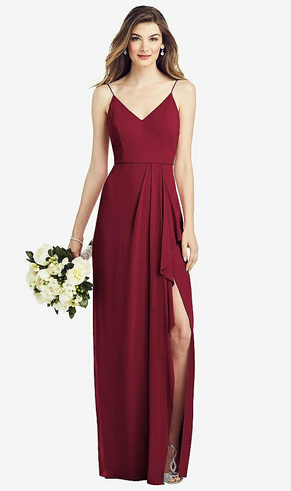 Front View - Burgundy Spaghetti Strap Draped Skirt Gown with Front Slit