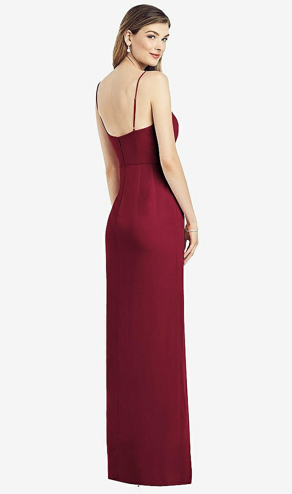 Back View - Burgundy Spaghetti Strap Draped Skirt Gown with Front Slit