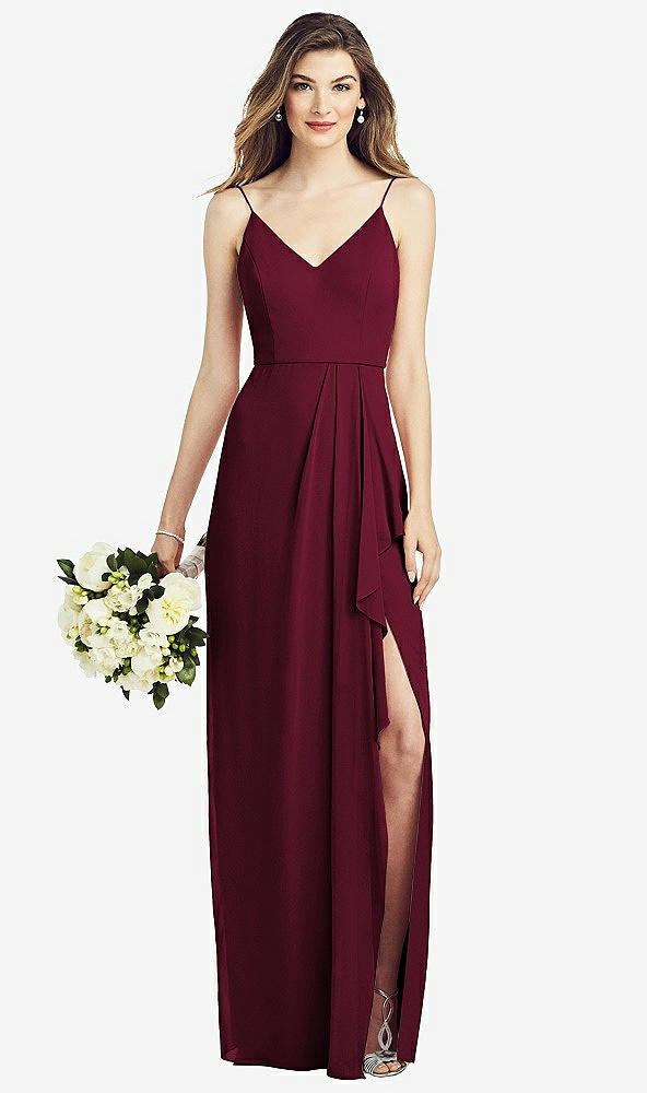 Front View - Cabernet Spaghetti Strap Draped Skirt Gown with Front Slit