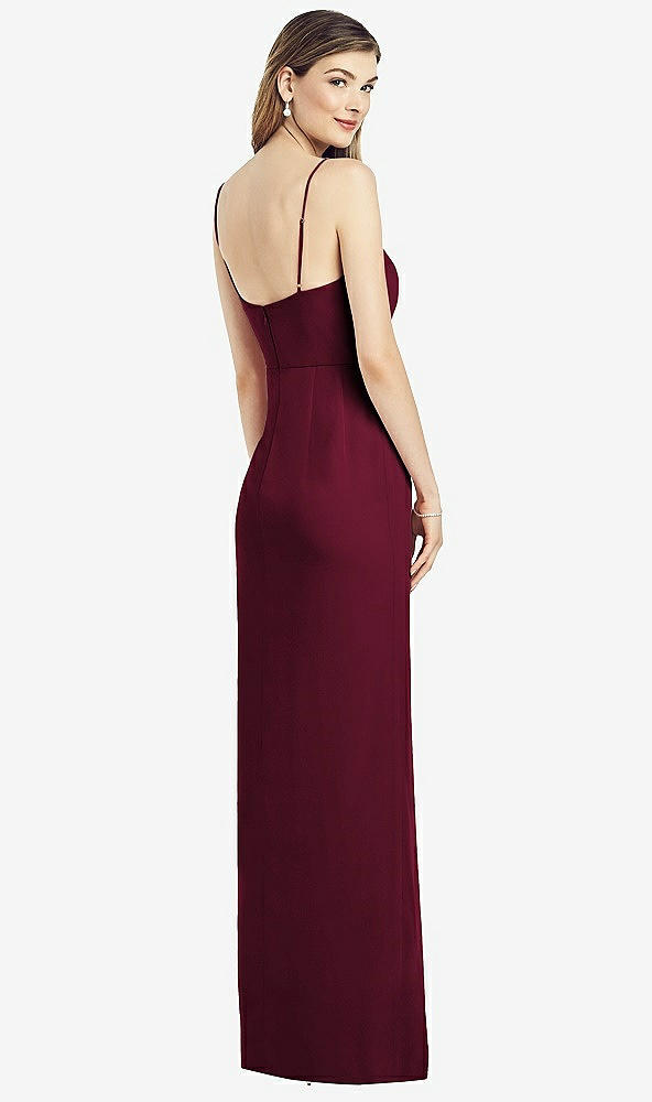 Back View - Cabernet Spaghetti Strap Draped Skirt Gown with Front Slit