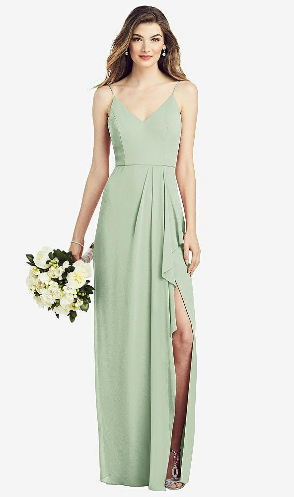 Front View - Celadon Spaghetti Strap Draped Skirt Gown with Front Slit