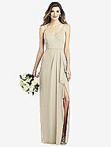 Front View Thumbnail - Champagne Spaghetti Strap Draped Skirt Gown with Front Slit