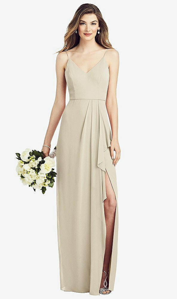 Front View - Champagne Spaghetti Strap Draped Skirt Gown with Front Slit