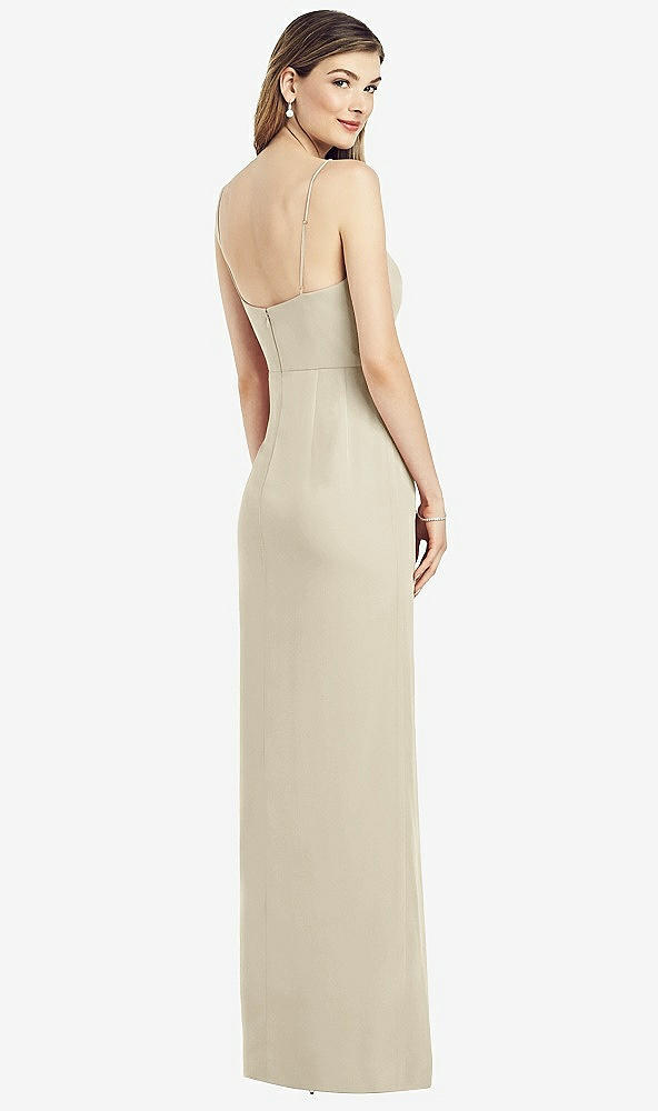 Back View - Champagne Spaghetti Strap Draped Skirt Gown with Front Slit