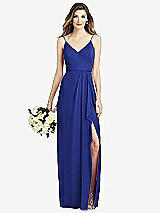 Front View Thumbnail - Cobalt Blue Spaghetti Strap Draped Skirt Gown with Front Slit