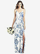 Front View Thumbnail - Cottage Rose Dusk Blue Spaghetti Strap Draped Skirt Gown with Front Slit