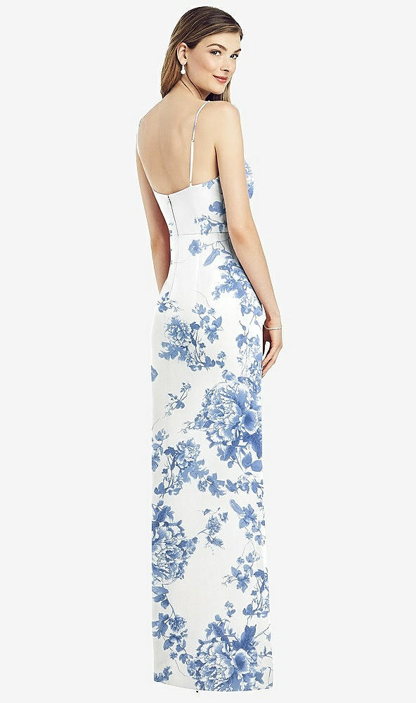 Back View - Cottage Rose Dusk Blue Spaghetti Strap Draped Skirt Gown with Front Slit
