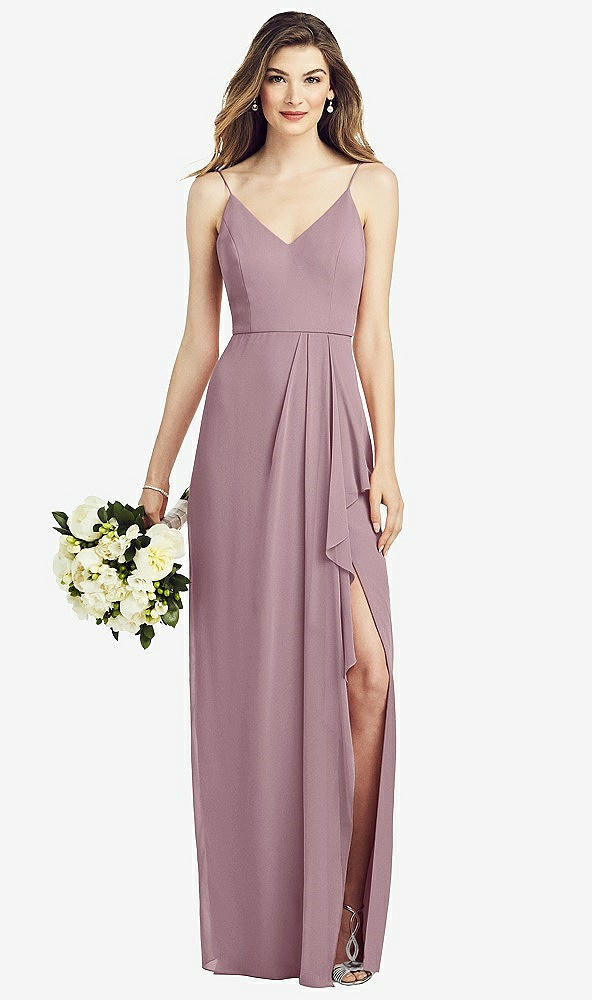 Front View - Dusty Rose Spaghetti Strap Draped Skirt Gown with Front Slit