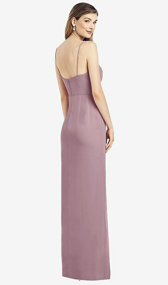 Back View - Dusty Rose Spaghetti Strap Draped Skirt Gown with Front Slit