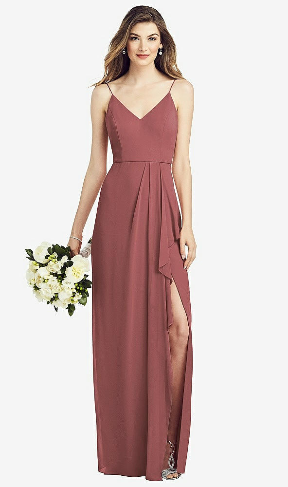 Front View - English Rose Spaghetti Strap Draped Skirt Gown with Front Slit