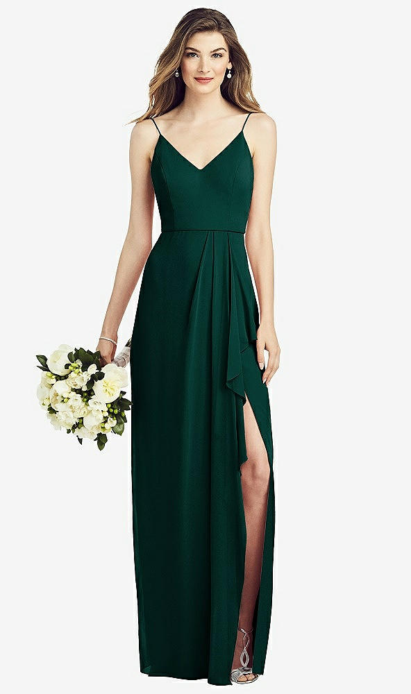 Front View - Evergreen Spaghetti Strap Draped Skirt Gown with Front Slit