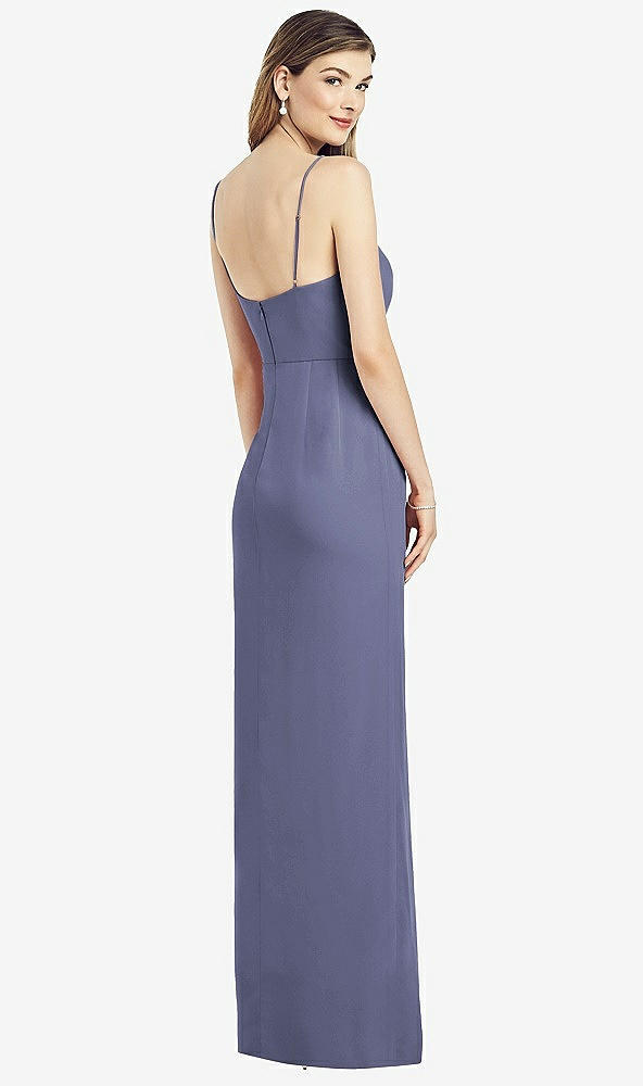 Back View - French Blue Spaghetti Strap Draped Skirt Gown with Front Slit