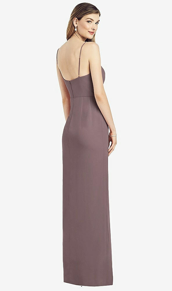 Back View - French Truffle Spaghetti Strap Draped Skirt Gown with Front Slit