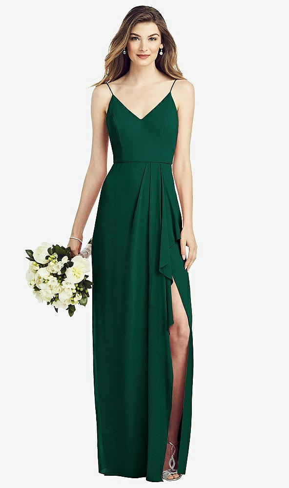 Front View - Hunter Green Spaghetti Strap Draped Skirt Gown with Front Slit