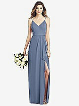 Front View Thumbnail - Larkspur Blue Spaghetti Strap Draped Skirt Gown with Front Slit
