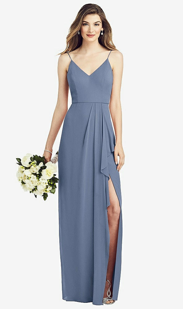 Front View - Larkspur Blue Spaghetti Strap Draped Skirt Gown with Front Slit