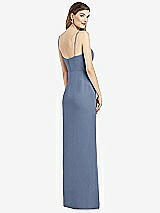 Rear View Thumbnail - Larkspur Blue Spaghetti Strap Draped Skirt Gown with Front Slit