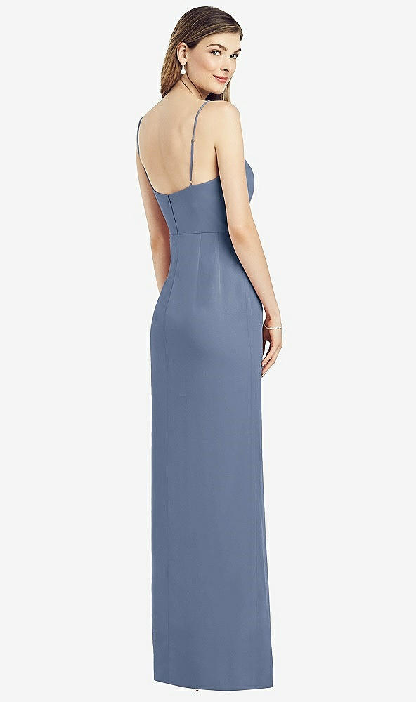 Back View - Larkspur Blue Spaghetti Strap Draped Skirt Gown with Front Slit