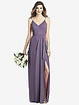 Front View Thumbnail - Lavender Spaghetti Strap Draped Skirt Gown with Front Slit