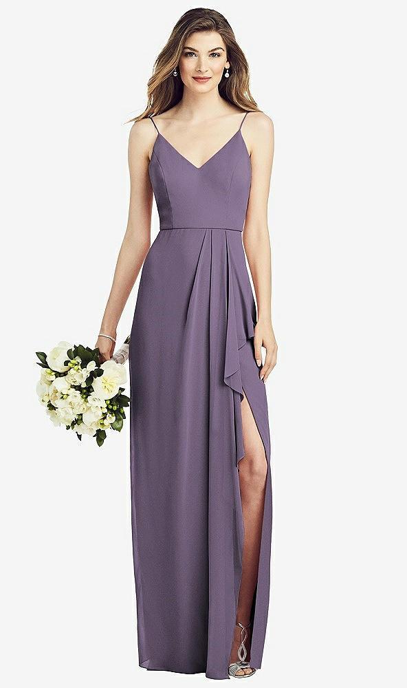 Front View - Lavender Spaghetti Strap Draped Skirt Gown with Front Slit