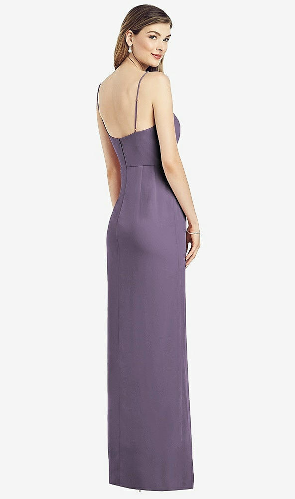 Back View - Lavender Spaghetti Strap Draped Skirt Gown with Front Slit