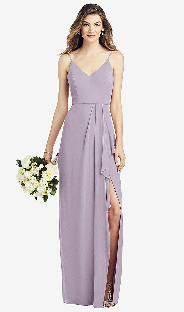 Front View - Lilac Haze Spaghetti Strap Draped Skirt Gown with Front Slit